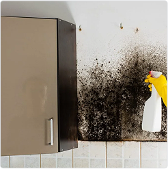 Person wearing yellow gloves spraying cleaning solution on a wall covered with black mold next to a kitchen cabinet.