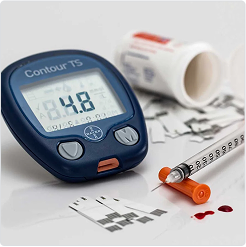 Blood glucose meter displaying 4.8, surrounded by test strips, a syringe with a drop of blood, and a pill bottle, representing diabetes and blood sugar monitoring